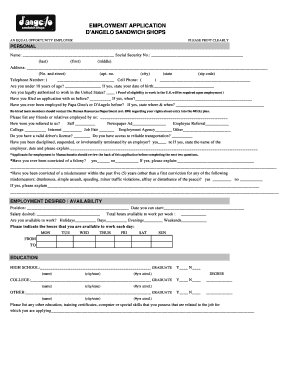 D&#039;angelo&#039;s Application  Form