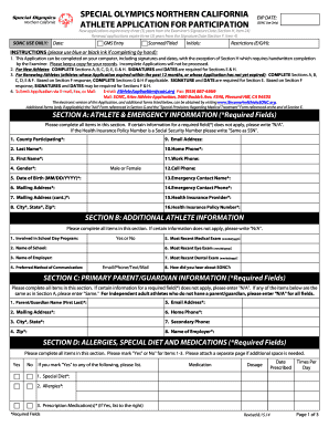 Special Olympics Northern California Athlete Application  Form