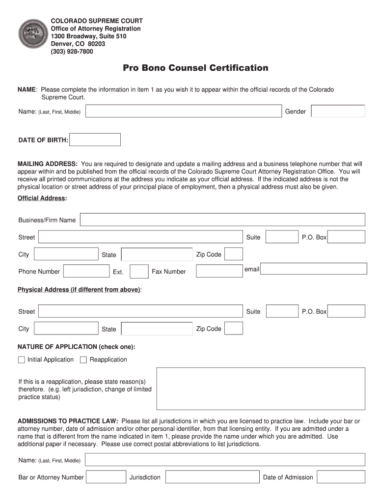 Rule 204 6 Pro Bono Application  Colorado Supreme Court  Form