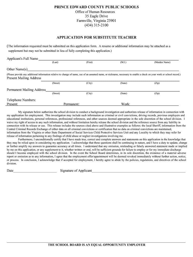 SubstituteApplicatio   Prince Edward County Public Schools  Form
