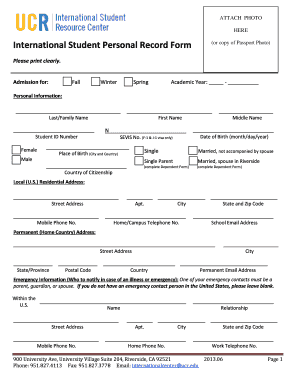 Student Personal Record Form
