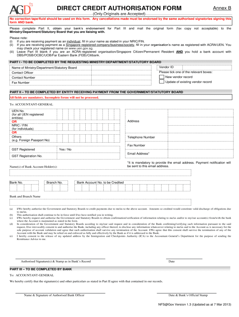  Direct Credit Authorisation Form 2013