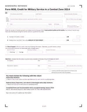 Form M99, Credit for Military Service in a Combat Zone Revenue State Mn