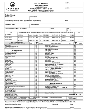 APPLICATION for PLUMBING PERMIT City of Oak Creek Oakcreekwi  Form