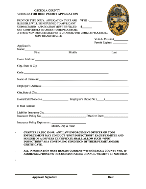 OSCEOLA COUNTY VEHICLE for HIRE PERMIT APPLICATION Acton Osceola  Form