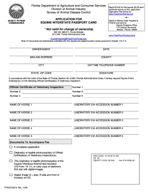 Equine Interstate Passport Card Florida Department of Agriculture  Form