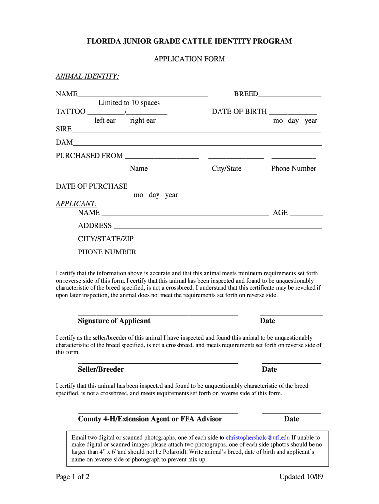 Florida Junior Grade Cattle Identity Program Youth Dairy  Form