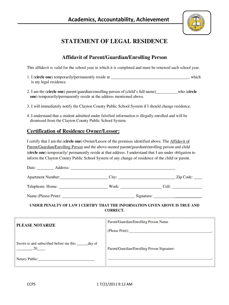  Statement of Legal Residence Form Ga 2011-2024