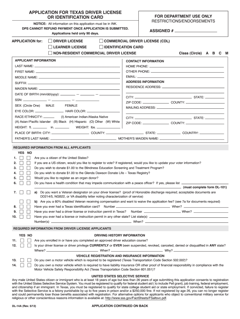  Application for Texas Driver License or Identification Card 1st Choice 2020