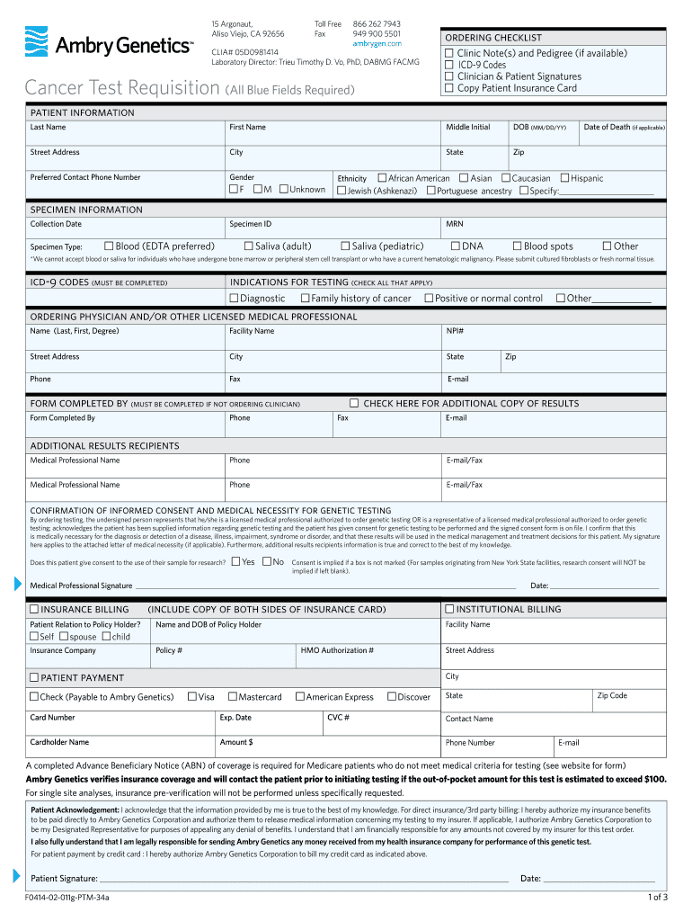 Cancer Test Requisition All Blue Fields Required  Form