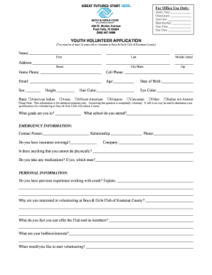 Youth Volunteer Application Boys &amp; Girls Club of Kootenai County Northidahobgc  Form