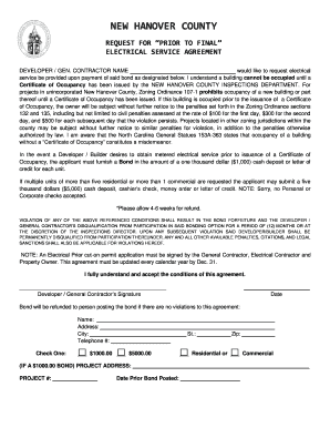 Electrical Prior Cut on Application New Hanover County  Form