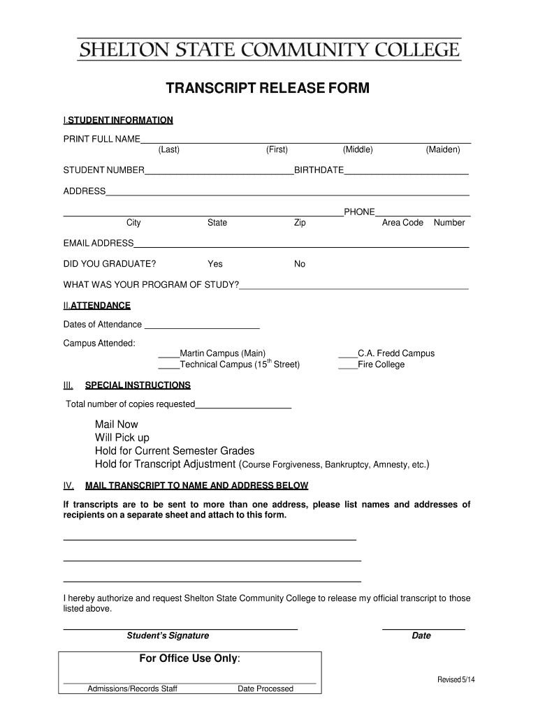 TRANSCRIPT RELEASE FORM  Shelton State  Sheltonstate