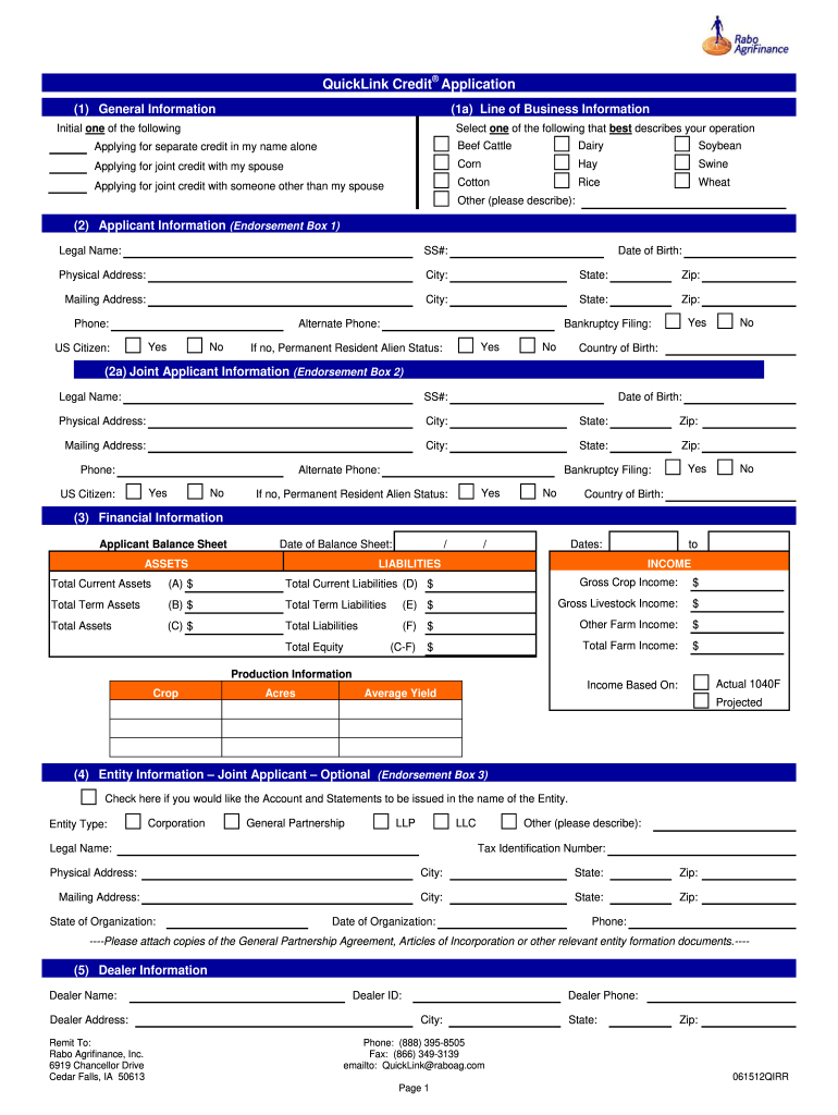 Get and Sign QuickLink Credit Application  Rabobank 2012-2022 Form