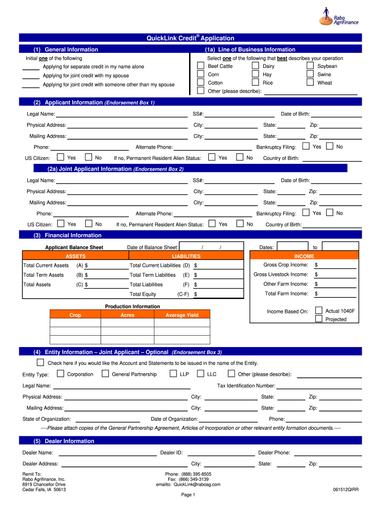  QuickLink Credit Application  Rabobank 2012-2024