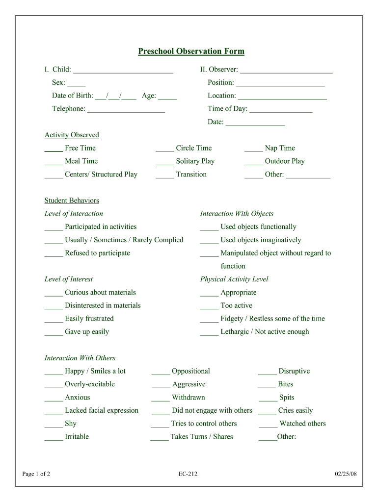 Preschool Observation Form