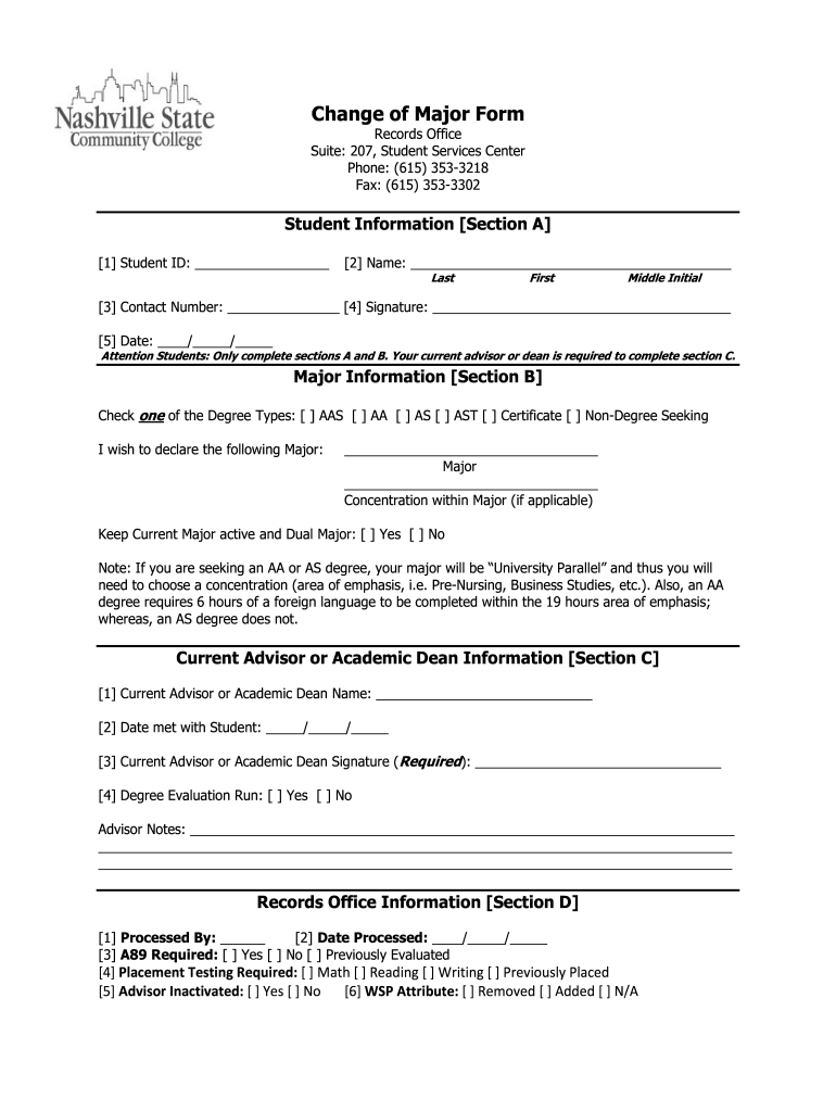 Change of Major Form Revised 9 21 10 Ww2 Nscc