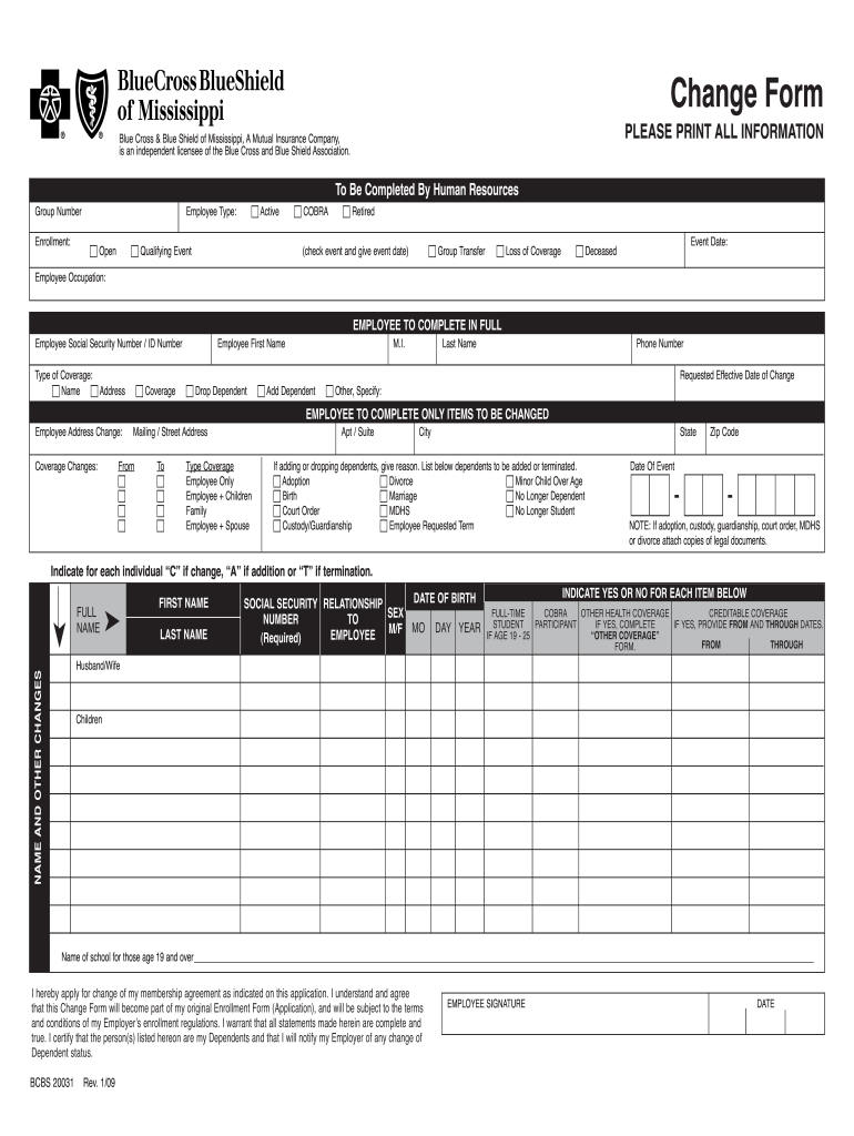 BCBS 20031 Change Form