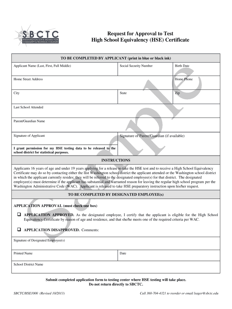 Sample Request for Approval to Test Form  Washington State Board    Sbctc Ctc