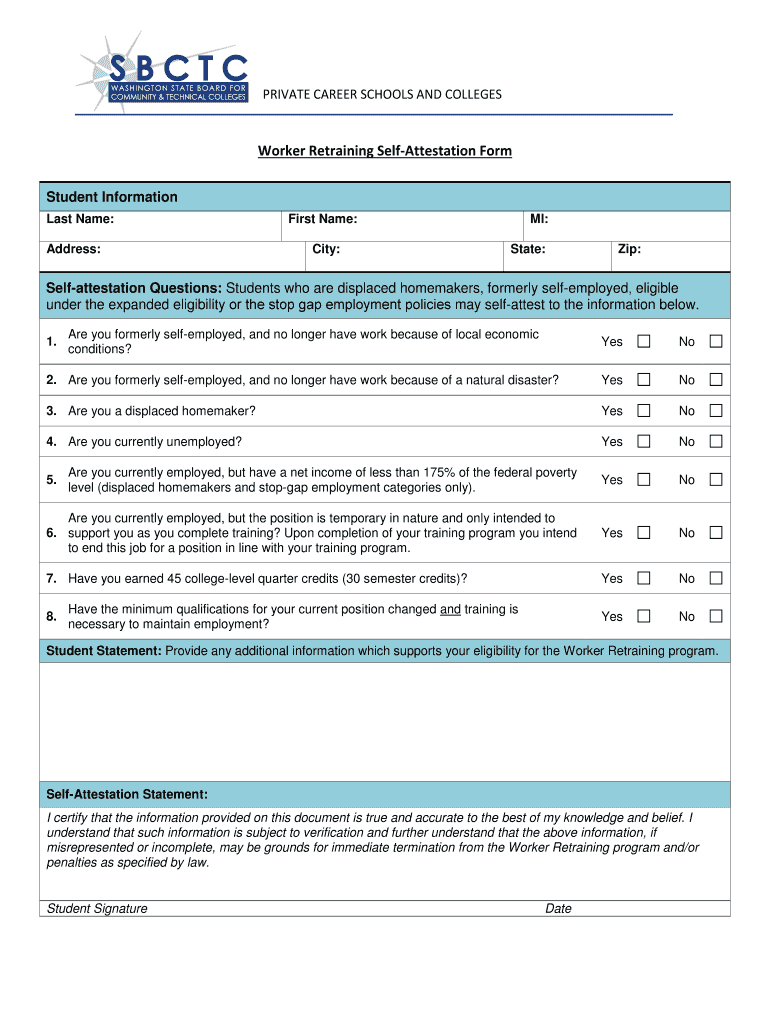 Worker Retraining Self Attestation Form  Washington State    Sbctc Ctc