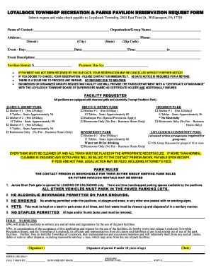 Loyalsock Township Recreation &amp; Parks Pavilion Reservation Request  Form