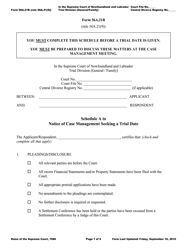  Supreme Court of Newfoundland and Labrador Family Division Form 56A 21B Schedule a to Notice of Case Management Seeking a Trial  2010-2024