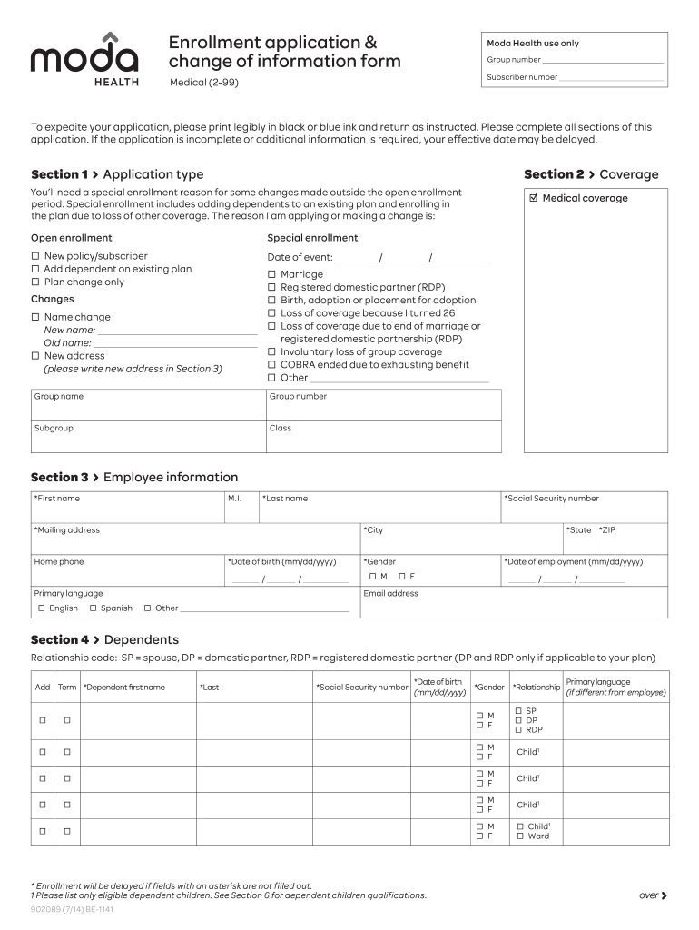 Enrollment Application & Change of Information Form  Moda Health