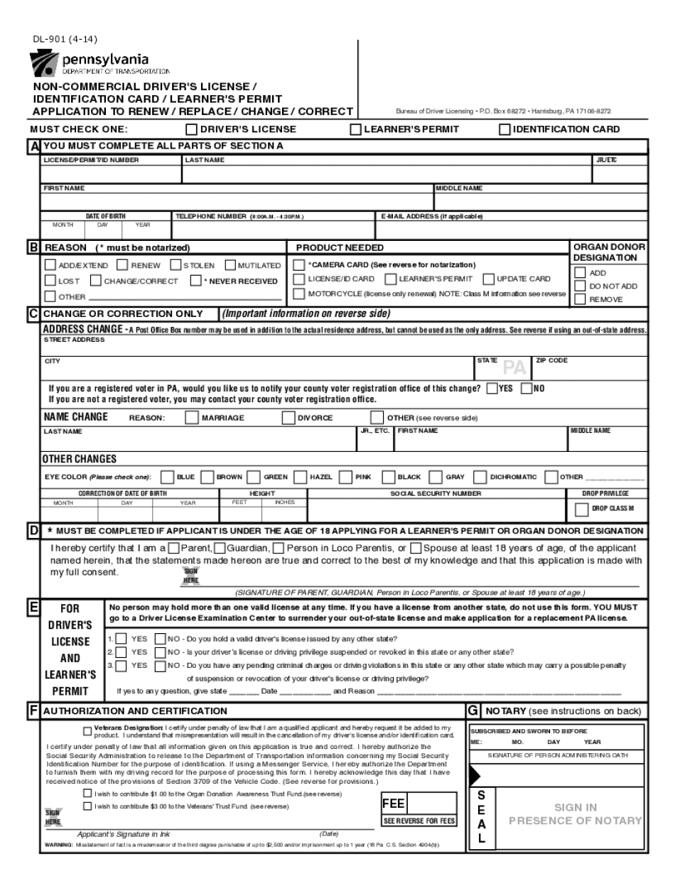  PennDOT Non Commercial Driver&#039;s LicenseIdentification CardLearner&#039;s Permit Application to RenewReplaceChangeCorrect 2013