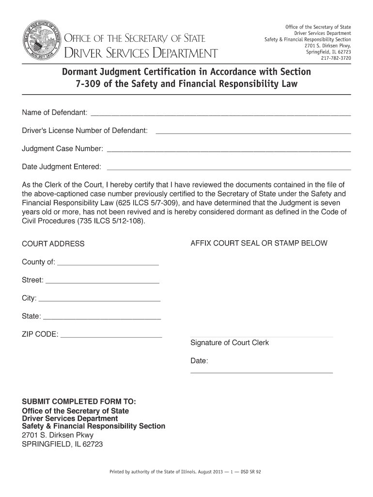 Dormant Judgment Certification in Accordance with Section 7 309 of  Form