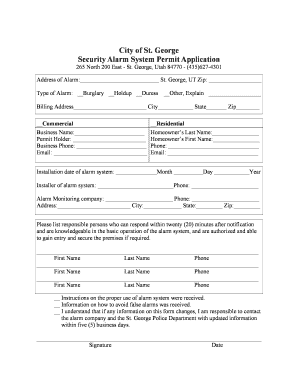City of St George Security Alarm System Permit Application Sgcity  Form