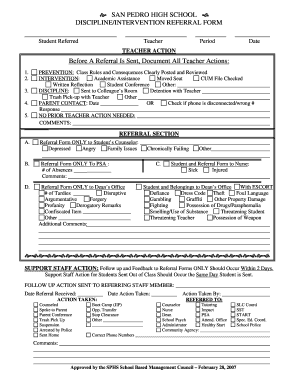 Discipline Referral Form High School