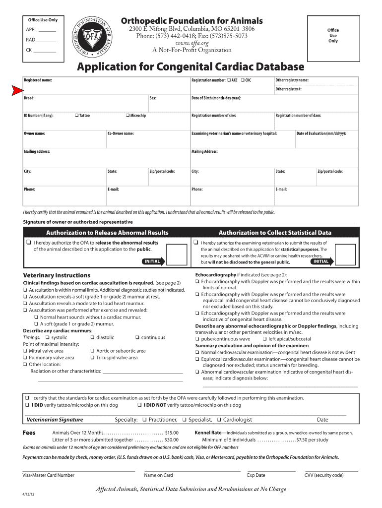  Application for Congenital Cardiac Database Orthopedic 2012