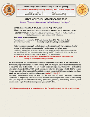 HTCS SUMMER CAMP for YOUTH APPLICATON FORM for Venkateswara