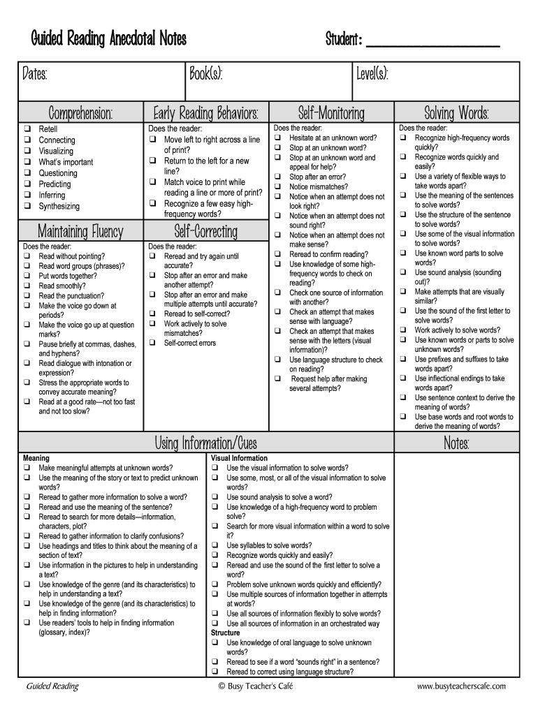 Guided Reading Anecdotal Notes Template PDF  Form
