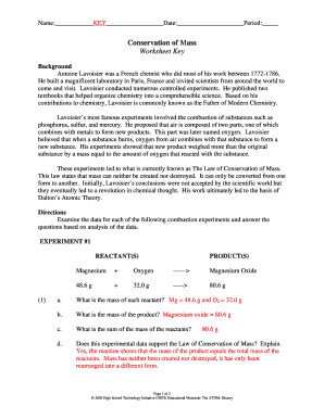 Conservation of Mass Worksheet Answer Key PDF  Form
