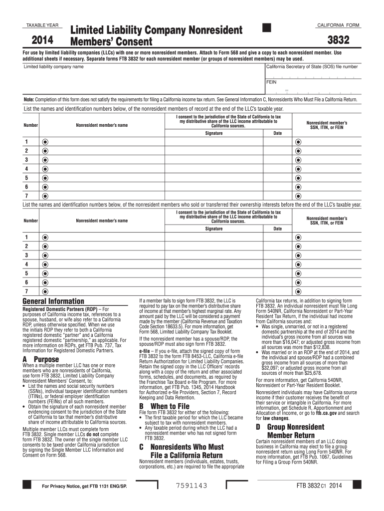  Form 3832  Limited Liability Company Nonresident Members' Consent  Ftb Ca 2014