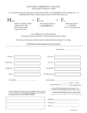 HOLYOKE COMMUNITY COLLEGE TRANSCRIPT REQUEST FORM Hcc