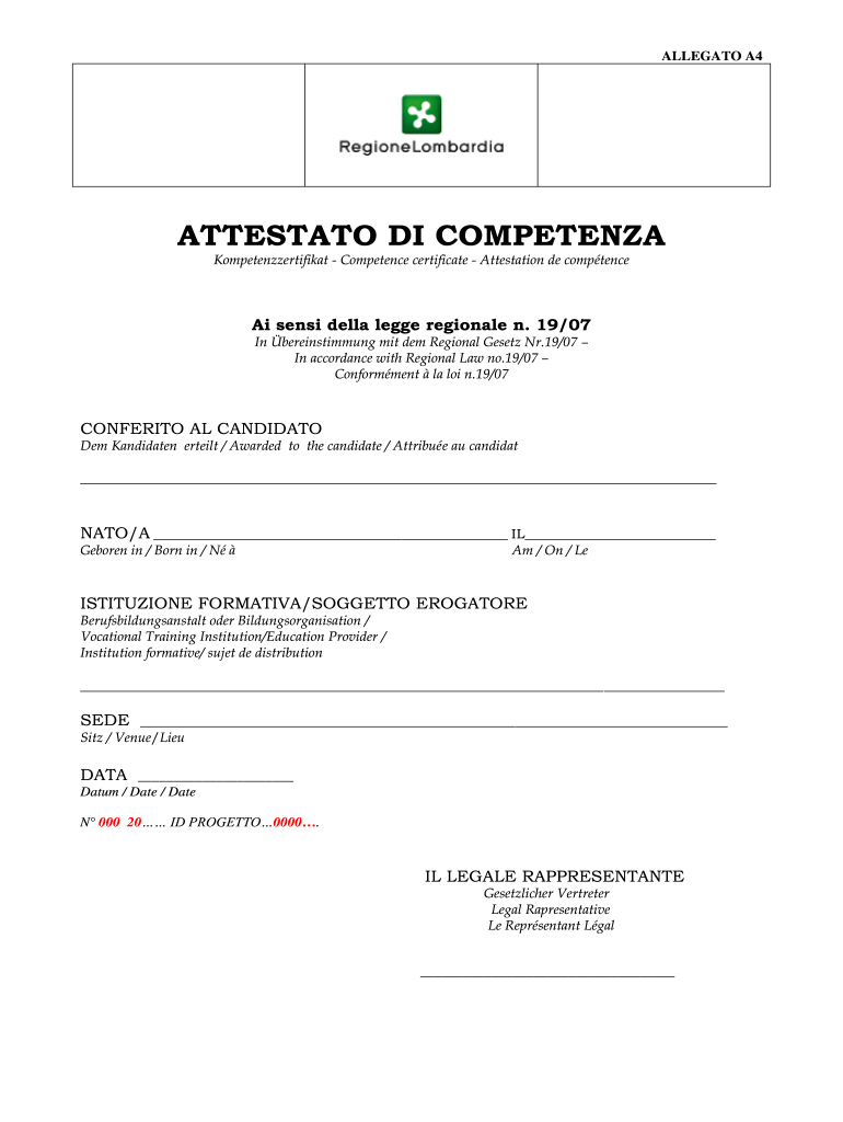 ATTESTATO DI COMPETENZA Arca Regione Lombardia  Form