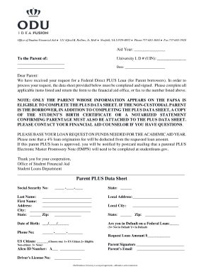 Parent Plus Data Sheet Odu  Form