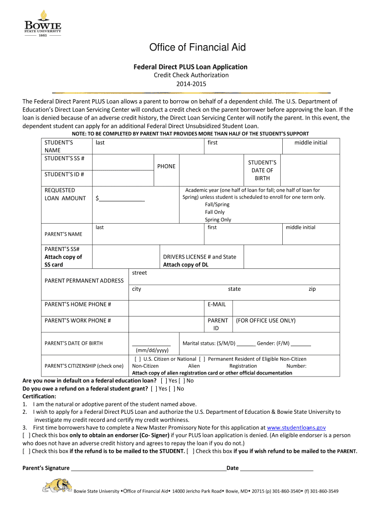  Parent PLUS Loan Application   Bowie State University  Bowiestate 2014-2024