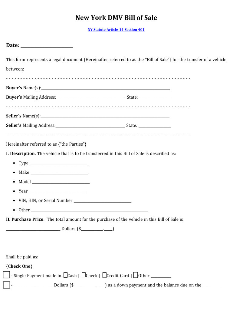 Nys Bill of Sale Car  Form