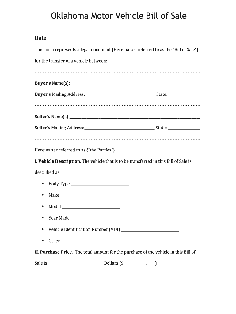 Bill of Sale for Car  Form