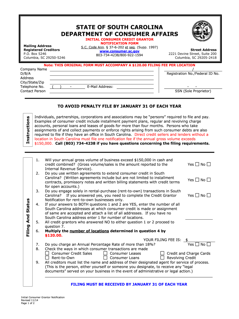  Initial Consumer Credit Grantor Notification Form 2014-2024