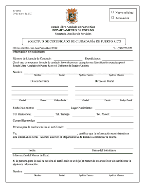 SOLICITUD DE CERTIFICADO DE CIUDADAN a DE PUERTO RICO  Form