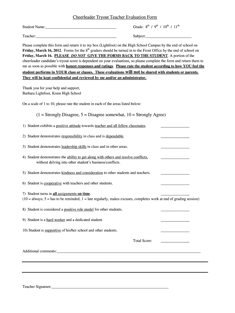  Teacher Evaluation Form for Cheerleading Tryouts 2012-2024