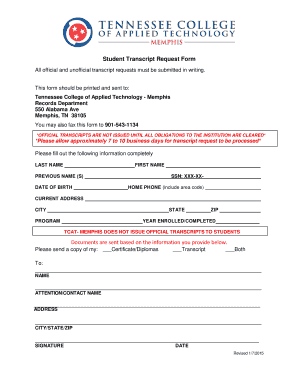 Transcript Request TCAT Memphis Tcatmemphis  Form