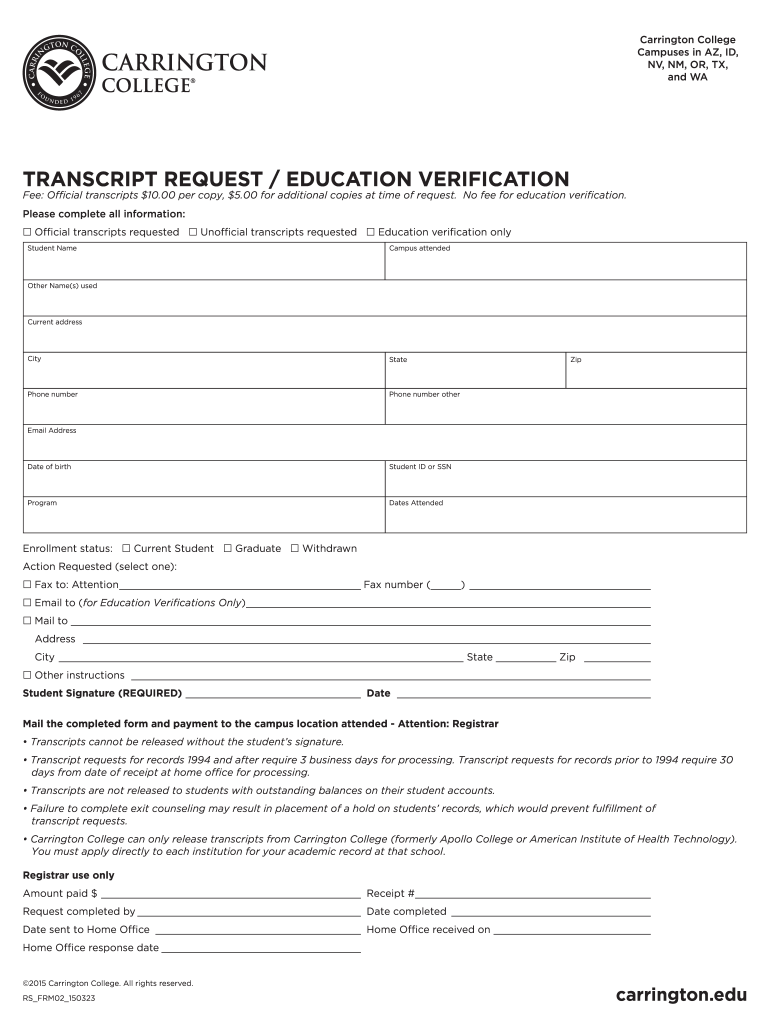 Carrington College Transcripts  Form