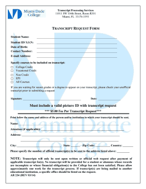 Miami Dade Community College Transcripts  Form