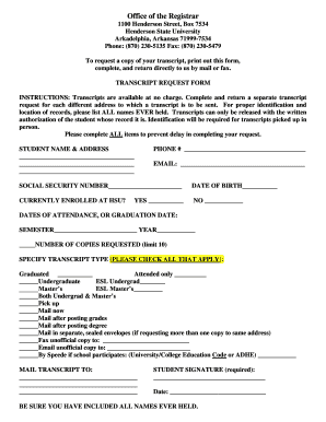 Henderson State University Transcript Request  Form