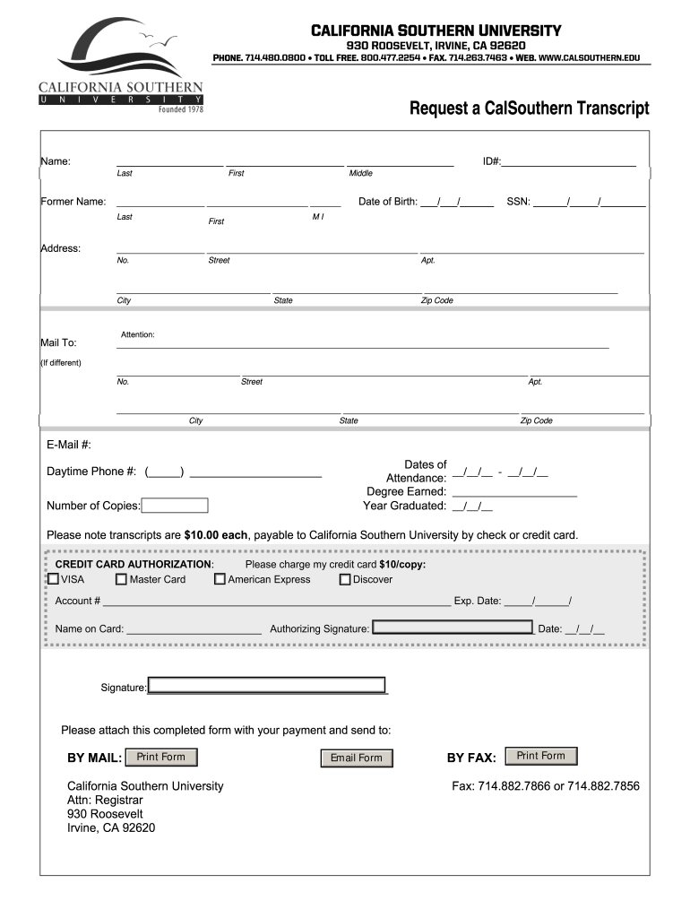 California Southern Transcript  Form